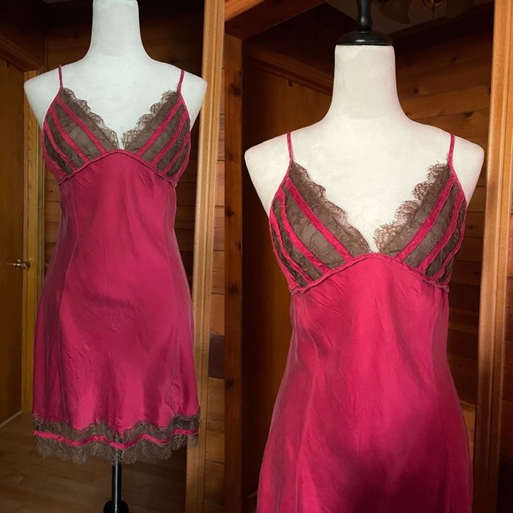 Vintage y2k Victoria’s Secret Vamp Red Brown Silk Lace Slip Dress Sz Large
